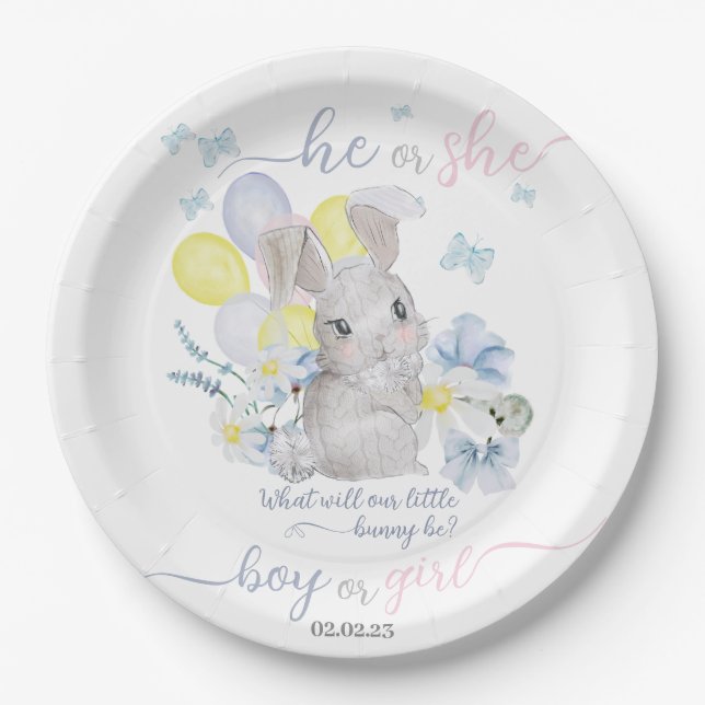 Little bunny gender reveal party plate. paper plat plate (Front)