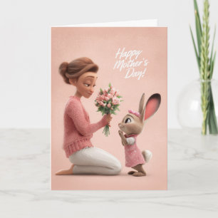 Little Bunny in Pink Bringing Mother's Day Flowers Card