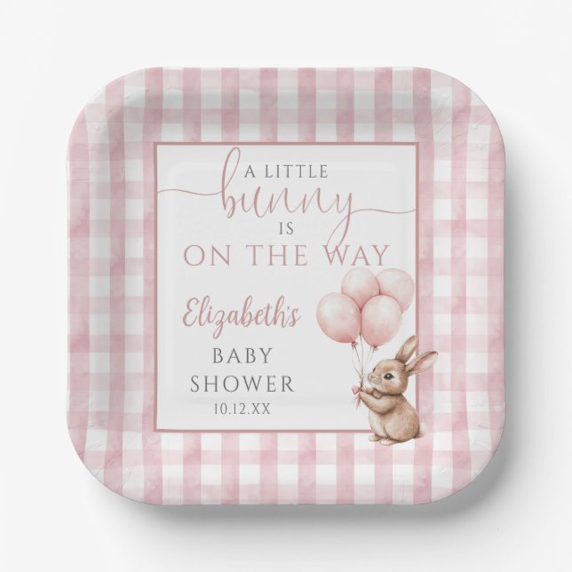 Little Bunny Pink Balloons Girl Baby Shower Paper Plate (Front)