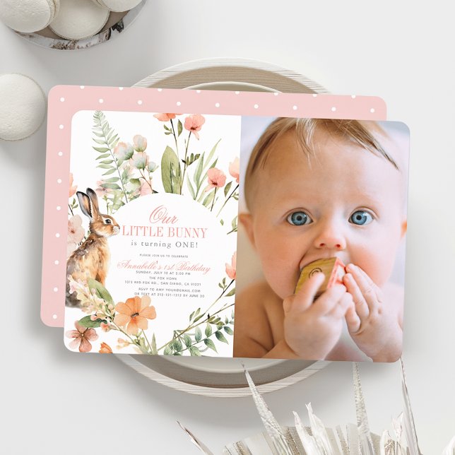 Little Bunny Pink Floral Girl 1st Birthday Photo Invitation (Creator Uploaded)