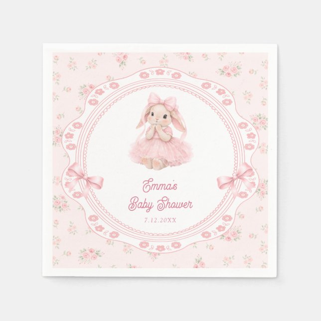Little Bunny Pink Floral Girl Baby Shower Napkin (Front)