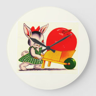 little bunny pushing cart with great big apple large clock
