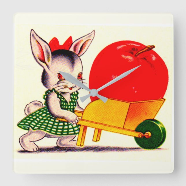 little bunny pushing cart with great big apple square wall clock (Front)