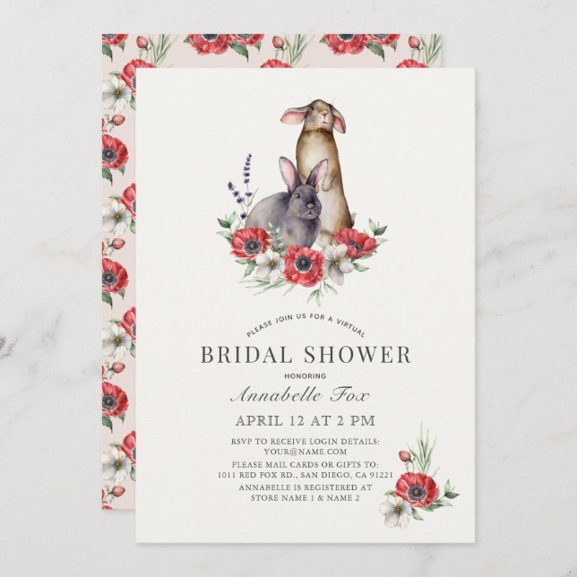 Little Bunny Red Anemone Virtual Bridal Shower Invitation (Front/Back)