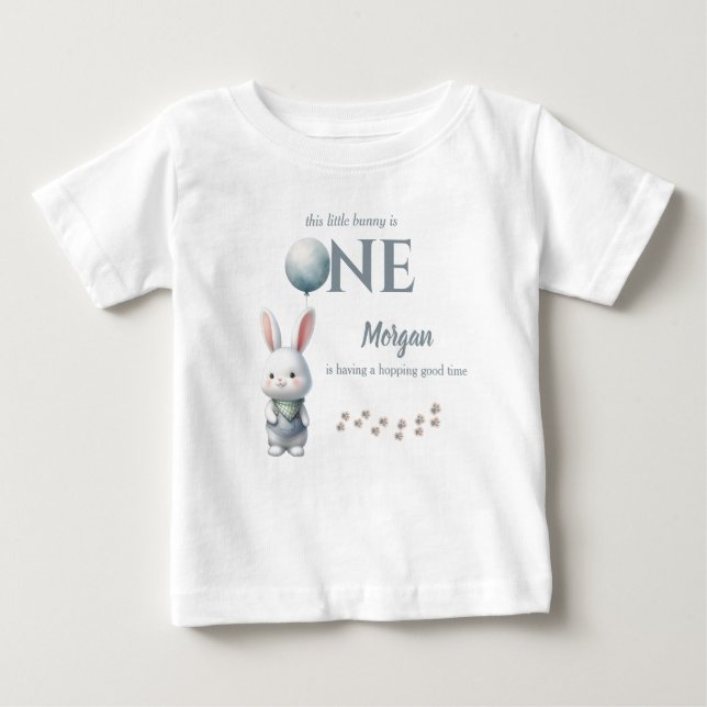 Little Bunny Turning One Blue Boys 1st Birthday Baby T-Shirt (Front)