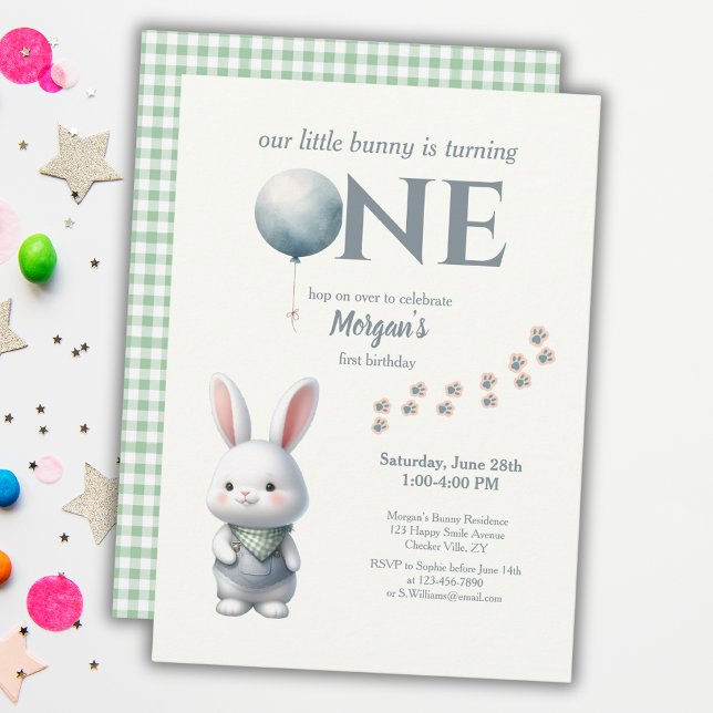Little Bunny Turning One Blue Boys 1st Birthday Invitation (Creator Uploaded)