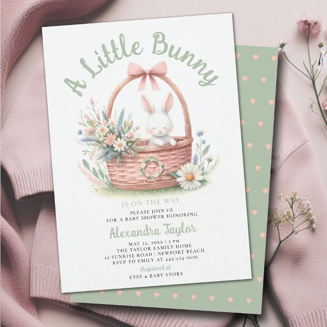 Little Bunny Wildflowers Picnic Baby Girl Shower Invitation (a little bunny baby girl shower invitation springtime easter garden picnic wildflowers pink green)