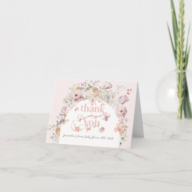 Little Buterfly Blush Pink Floral Girl Baby Shower Thank You Card (Front)