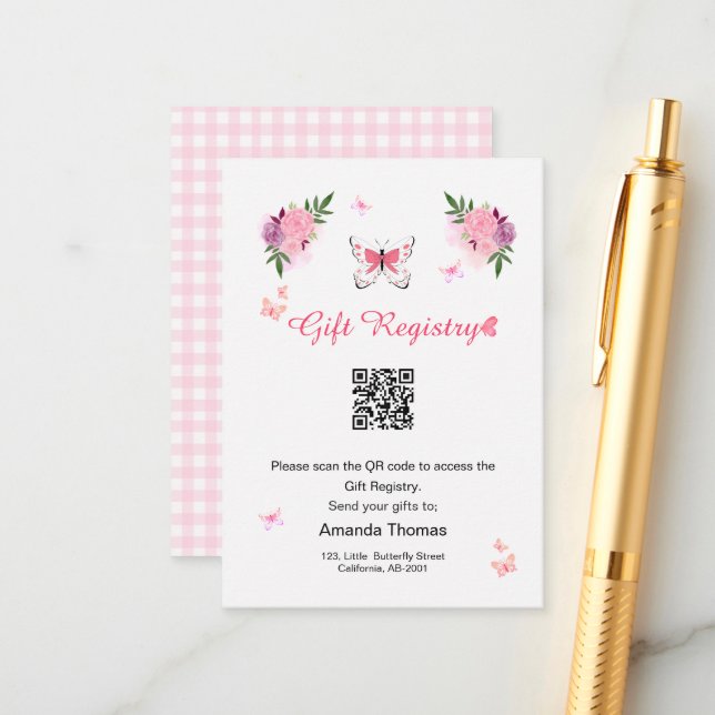 Little Butterfly Baby Shower Gift Registry QR Code Enclosure Card (Front/Back In Situ)