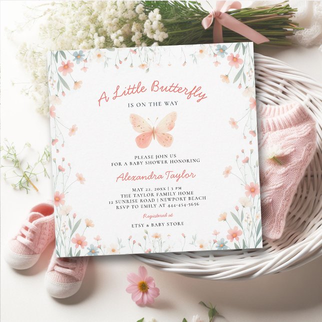 Little Butterfly Coral Teal Cute Girl Baby Shower Invitation (little butterfly baby girl shower invitation cottage garden watercolor coral pink wildflowers boho)