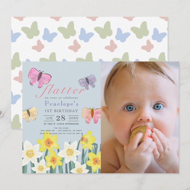Little Butterfly Daffodil Girl 1st Birthday Photo Invitation (Front/Back)