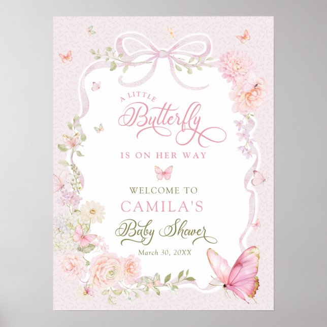 Little Butterfly Floral Girl Baby Shower Welcome  Poster (Front)