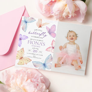 Little Butterfly Girl's 1st birthday Photo Invitation