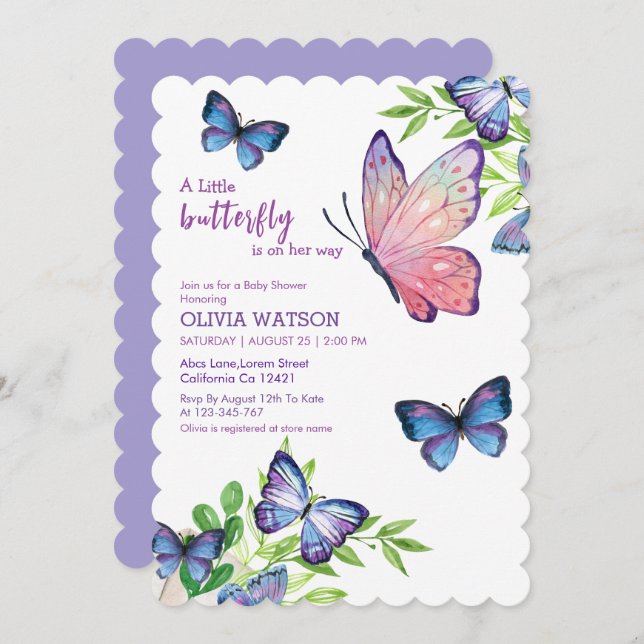 Little butterfly is on her way purple Baby Shower  Invitation (Front/Back)