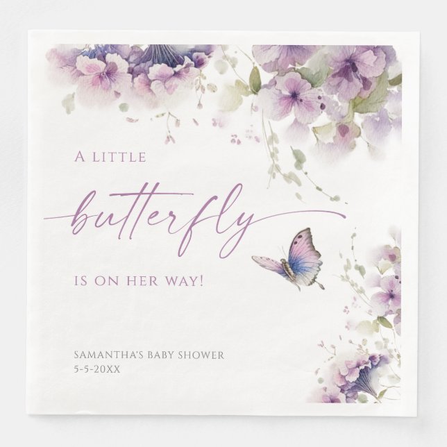 Little butterfly is on the way purple baby shower napkin (Front)