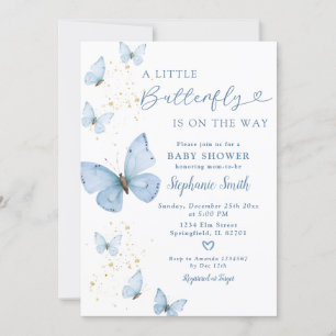 Little Butterfly On The Way Blue Gold Baby Shower Invitation