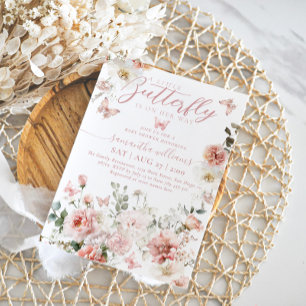Little Butterfly Pink Floral Baby Girl Shower Invitation
