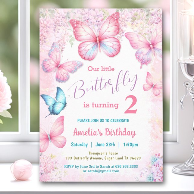 Little Butterfly Pink Floral Summer Girl Birthday Invitation (Little Butterfly Pink Floral Summer Girl Birthday Invitation)