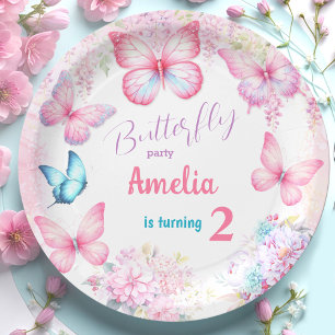 Little Butterfly Pink Floral Summer Girl Birthday Paper Plate