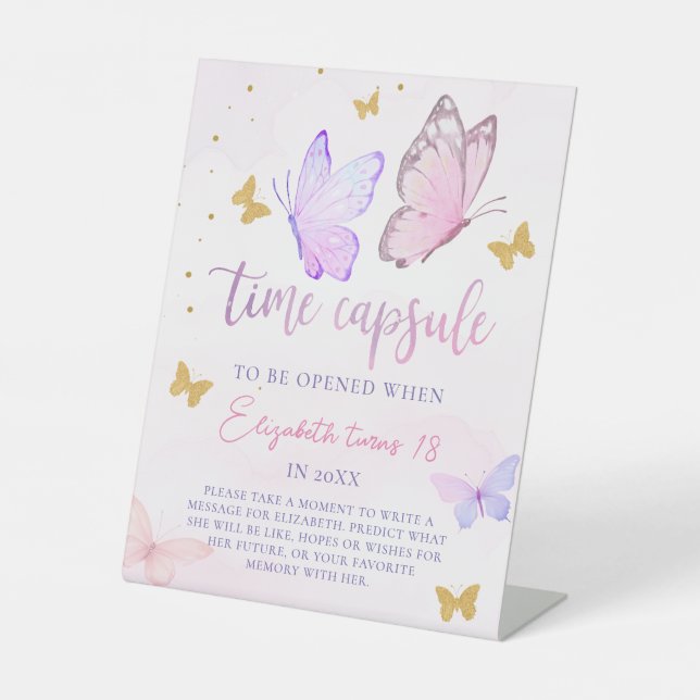 Little Butterfly Pink Purple Birthday Time Capsule Pedestal Sign (Front)