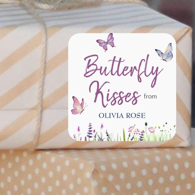 Little Butterfly Pink Purple Girl Baby Shower Square Sticker (Creator Uploaded)