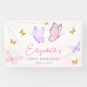 Little Butterfly Pink Purple Girl First Birthday Banner