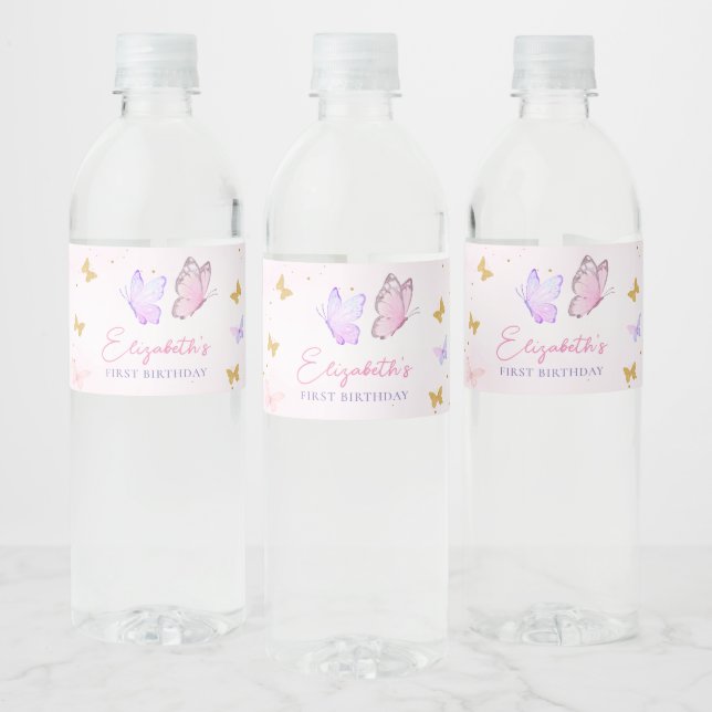 Little Butterfly Pink Purple Gold Girl Birthday Water Bottle Label (Bottles)