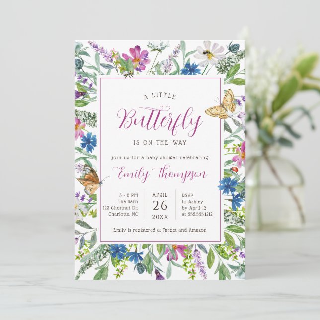 Little Butterfly Spring Wildflower Baby Shower Invitation (Standing Front)