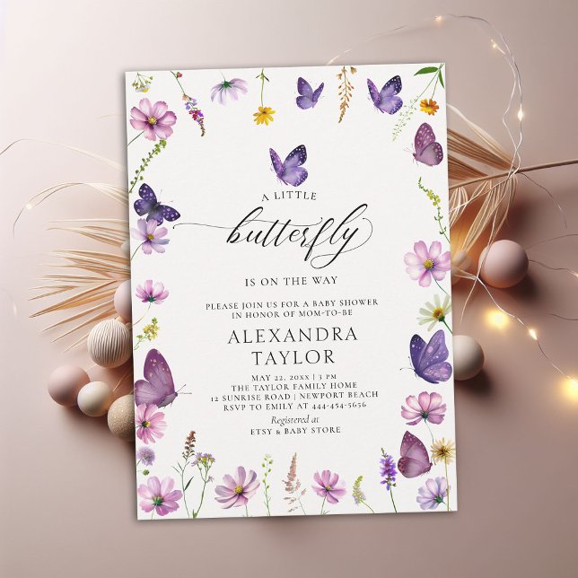 Little Butterfly Wild Purple Pink Baby Girl Shower Invitation (little butterfly baby girl shower invitation purple pink garden watercolor spring summer cottage)