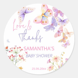 Little butterfly wildflowers baby shower thank you classic round sticker