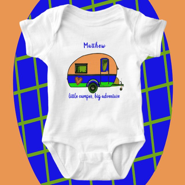 Little Camper Big Adventure Child's Name Baby Bodysuit (Adorable little camper baby romper with name.)