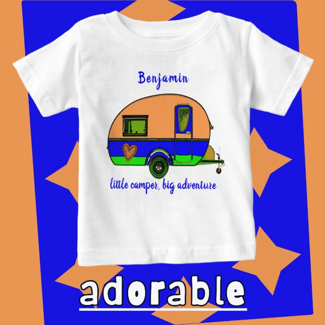 Little Camper Big Adventure Child's Name Baby T-Shirt (Cute little camper toddler shirt.)