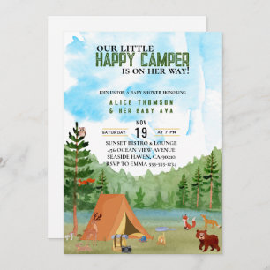 little camper camping adventure forest baby shower invitation