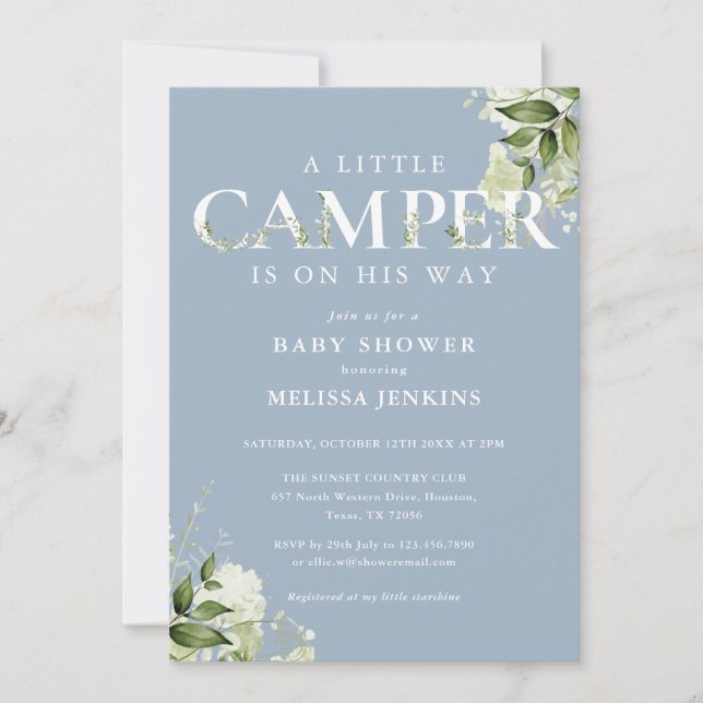 Little Camper Dusty Blue Greenery Baby Shower Invitation (Front)
