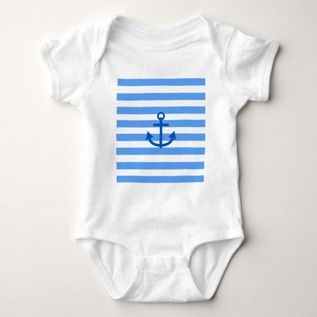 Little Captain Blue & White Pattern with Anchor Baby Bodysuit (Front)