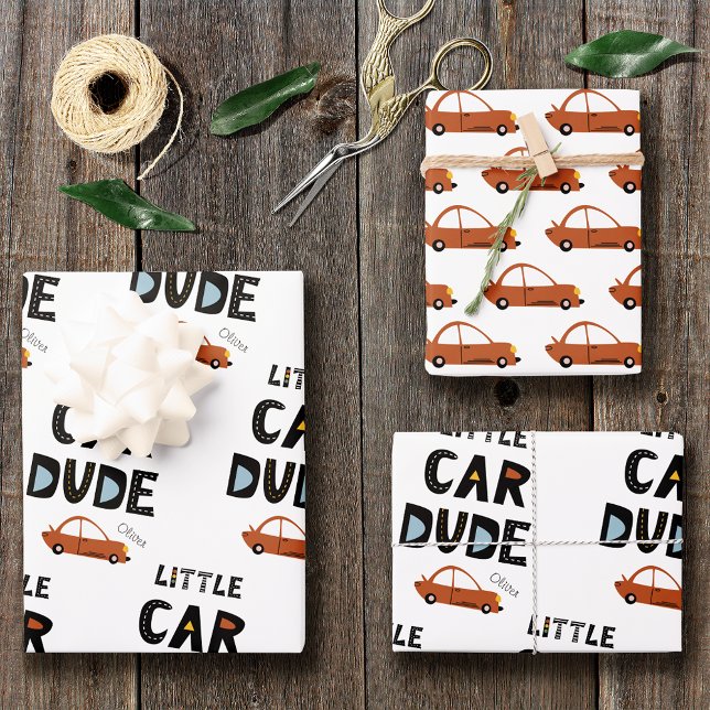 Little Car Dude First Name Boy Birthday Wrapping Paper Sheet (Creator Uploaded)