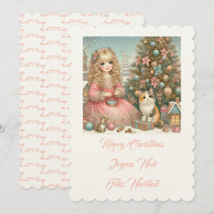 Little cat and girl, Merry Christmas Invitation