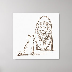 Little Cat Sees Reflection of Lion in the Mirror Canvas Print