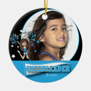 Little Cheerleader - DIY Photo -  Baby Blue Ceramic Tree Decoration
