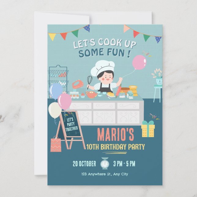 Little chef kitchen cooking birthday invitation (Front)