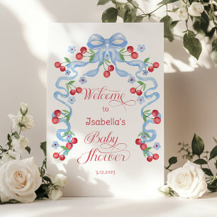 Little Cherry Blue Bow Baby shower Welcome Poster