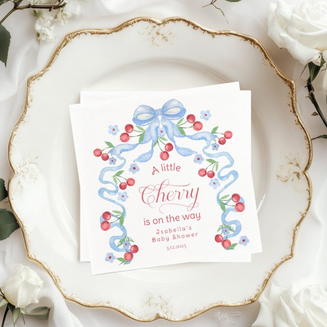 Little cherry Boy Blue Bow coquette Baby shower Napkin (Creator Uploaded)