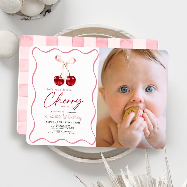 Little Cherry on Top Ribbon Photo 1st Birthday Invitation (Creator Uploaded)