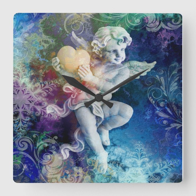 Little Cherub in Blue Square Wall Clock (Front)