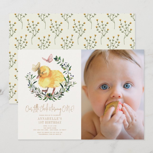 Little Chick & Butterfly Girl 1st Birthday Photo Invitation (Front/Back)