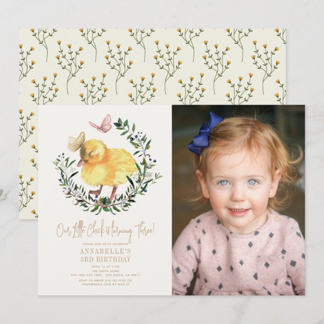 Little Chick & Butterfly Girl Birthday Photo Invitation (Front/Back)
