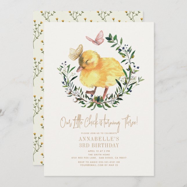 Little Chick & Butterfly Wreath Girl Birthday Invitation (Front/Back)