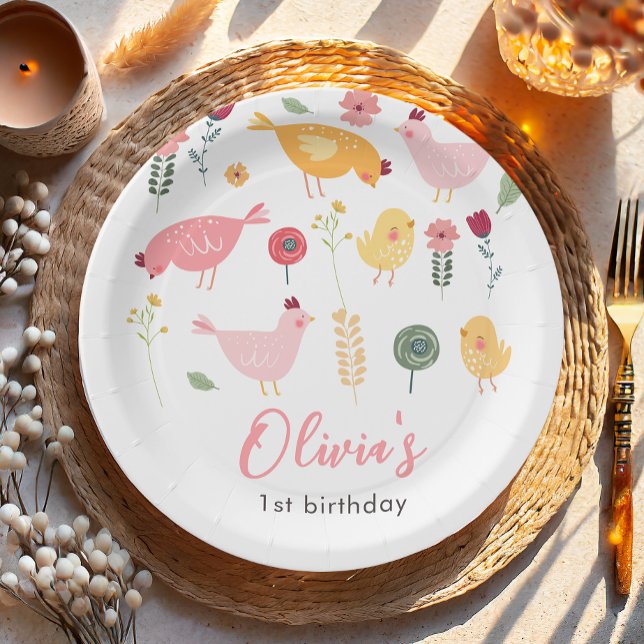 Little Chick Girl Farm Easter Chicken Birthday Paper Plate (Creator Uploaded)
