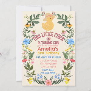 Little Chick is One, Floral 1st Birthday Invitation