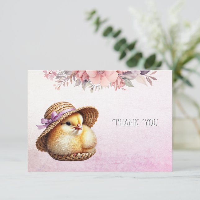 Little Chick Pink Ribbon Thank You Card (Standing Front)